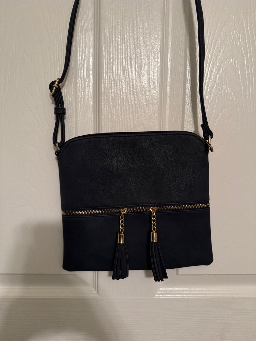 Dark gray/blue Women’s Crossbody Bag with Gold Tassel Accents